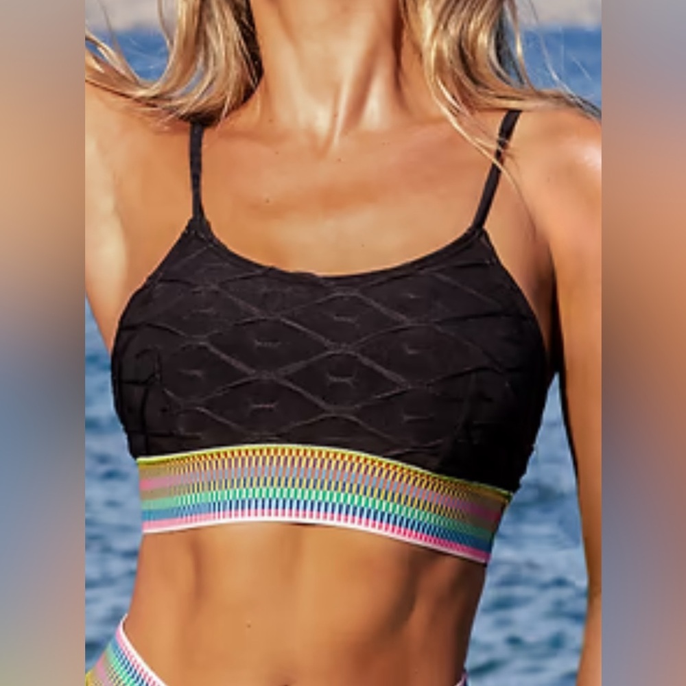 Cupshe Black Bikini Top scoop neck Rainbow colored Trim green pink yellow blue M